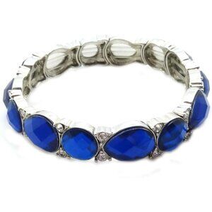 Circa 1900 Blue Teardrop Round Oval Crystal Silvertone Stretch Bracelet NEW